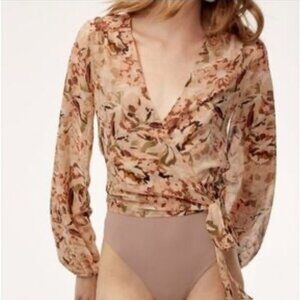 Aritzia Floral Wrap Bodysuit in Beige and Brown